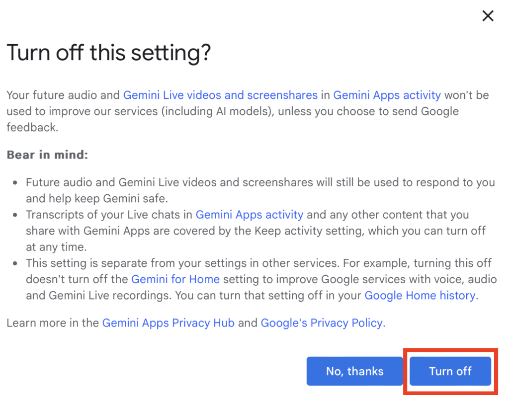 Gemini "Turn off this setting?" pop-up with information on what will happen when you turn off audio, video, and screen share sharing for the improvement of Google's services