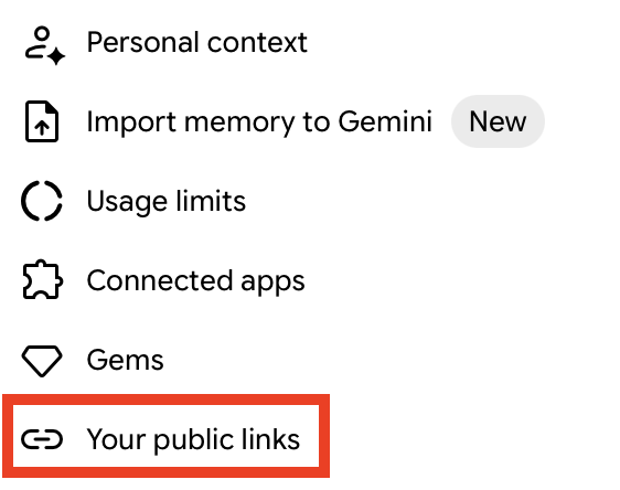 Gemini "Your public links" menu link