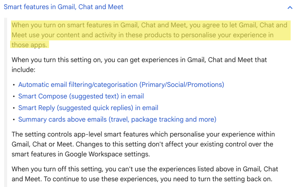 Information about "Smart features in Gmail, Chat and Meet"