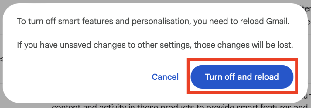 Gmail "Turn off and reload" Gmail button 