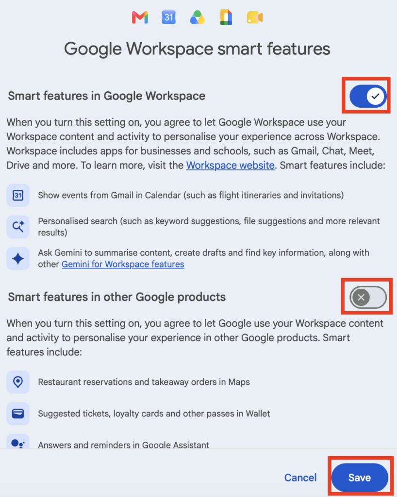 Google Workspace smart features toggle 
