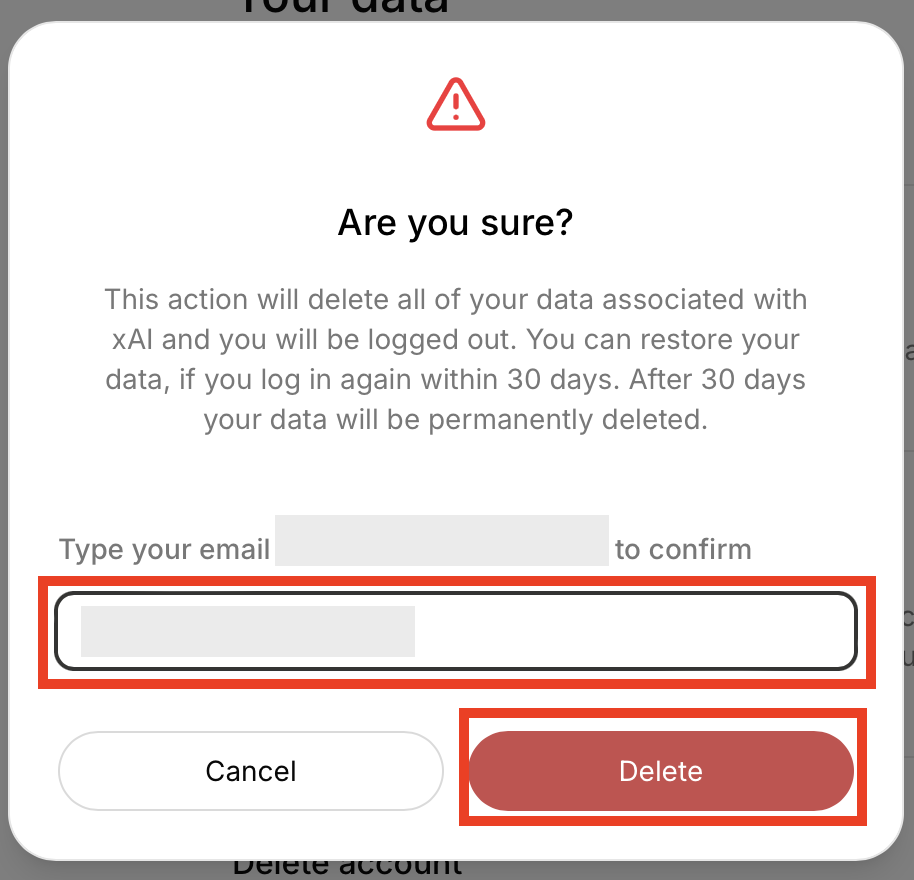 "Are you sure" you want to delete your Grok account pop-up
