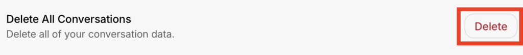 Grok "Delete" button next to the 'Delete All Conversations' setting 