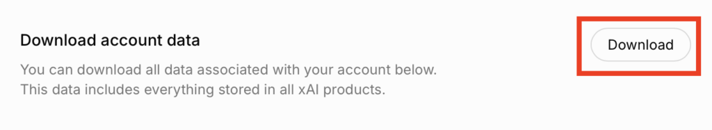 Grok "Download" button next to the 'Download account data' setting 
