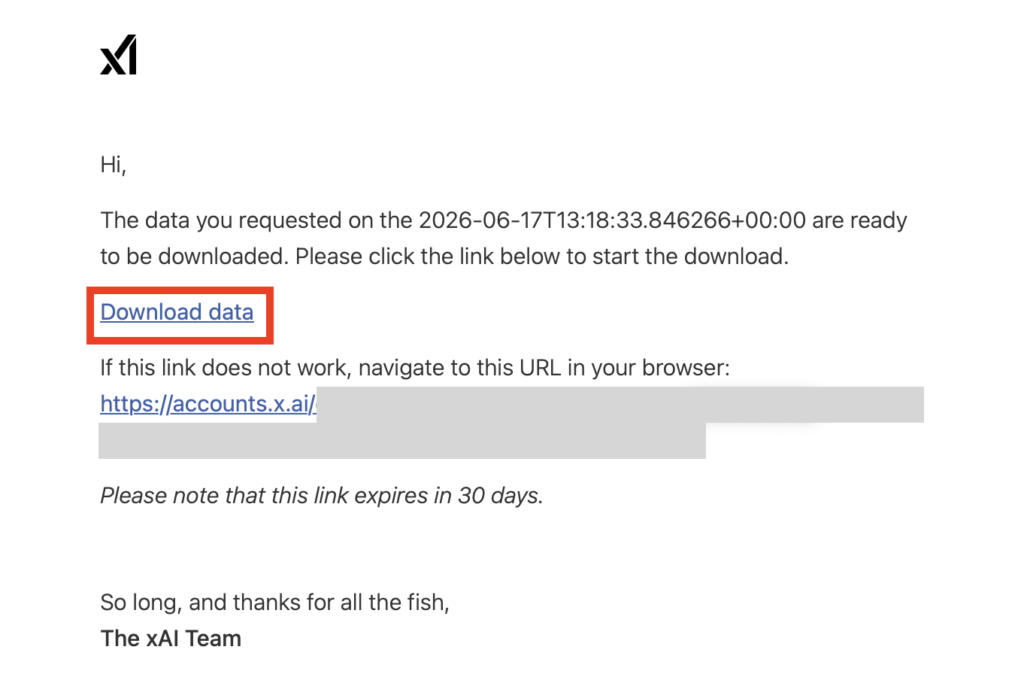 Email from Grok with "Download data" link 