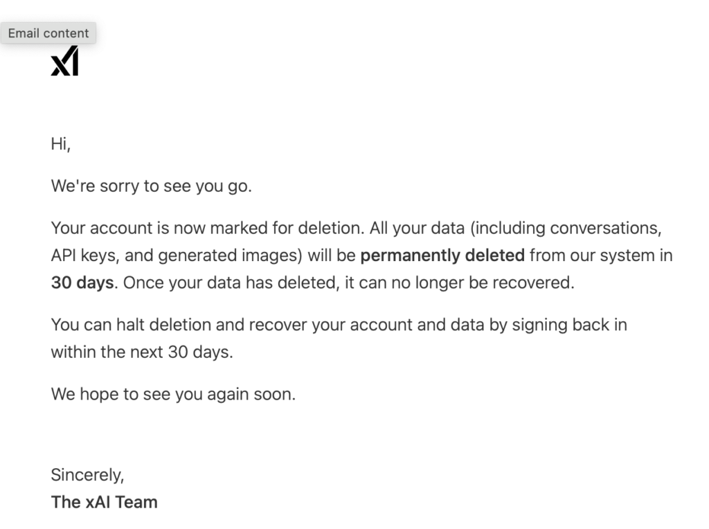 Email from Grok saying your account will be deleted within 30 days 
