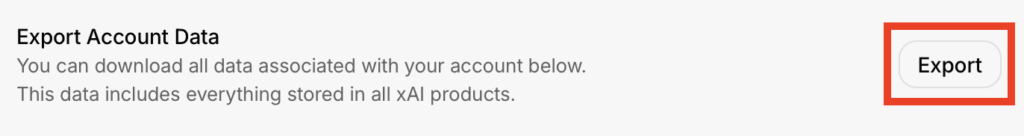 Grok "Export" button next to 'Export Account Data' setting 