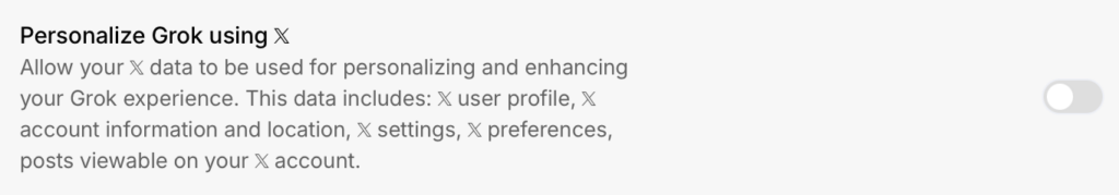 "Personalize Grok using X" toggle switched off 