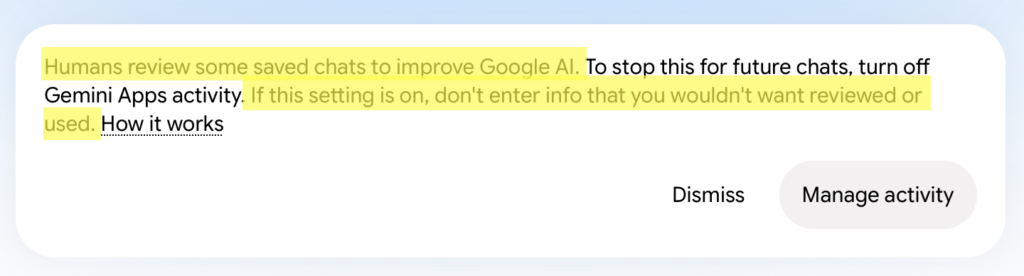 Warning from Google that humans review some saved chats to improve Google AI