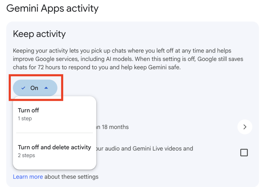 Keep activity setting options - "On," "Turn off," and "Turn off and delete activity."