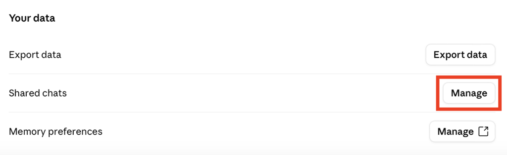 "Manage" button for shared Claude chats