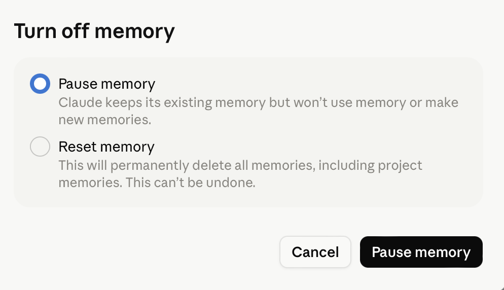 Claude "Turn off memory" pop-up ("pause memory" vs "reset memory")