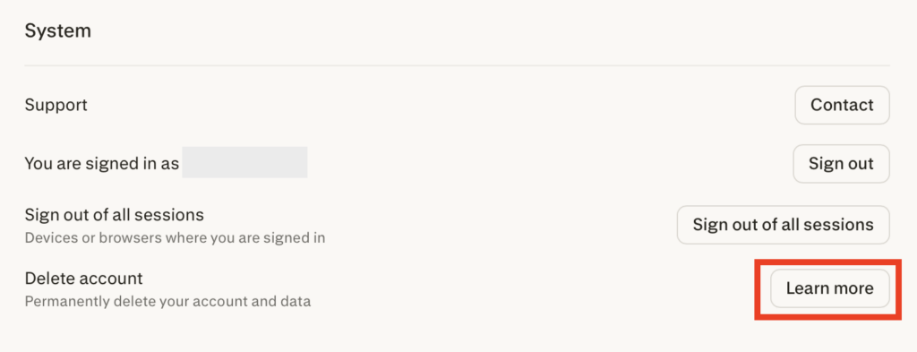 Perplexity "Learn more" button next to 'Delete account'