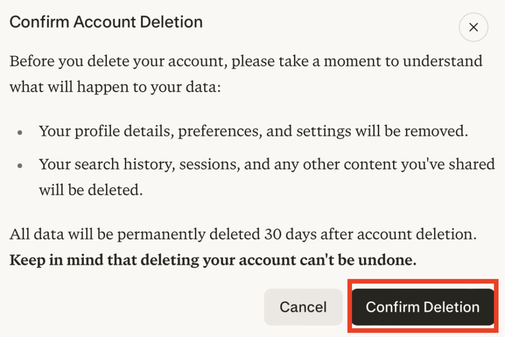 Confirm account deletion pop-up
