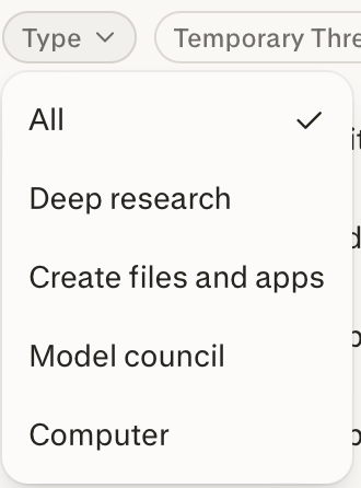 Perplexity type of thread (e.g., deep research, computer, etc.) menu