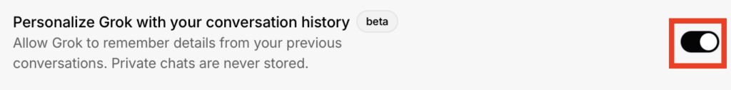 "Personalize Grok with your conversation history" toggle switched on 