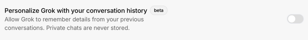 "Personalize Grok with your conversation history" toggle switched off