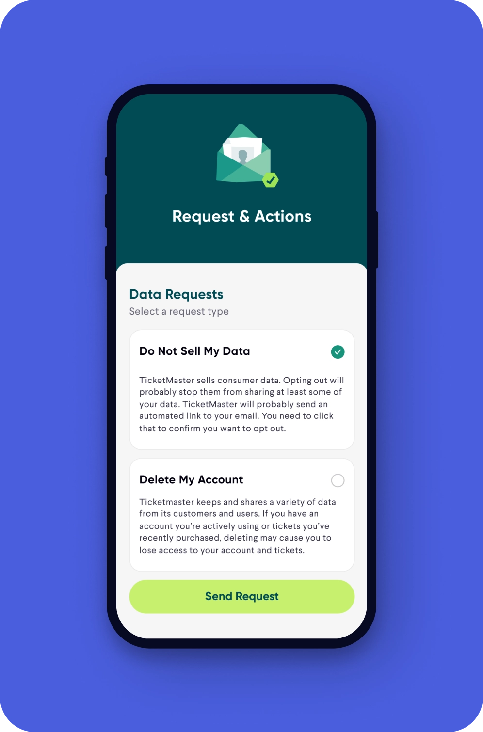 Permission Slip by DeleteMe app requests and actions page