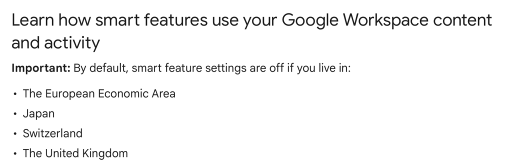 Google Workspace smart features setting by region 