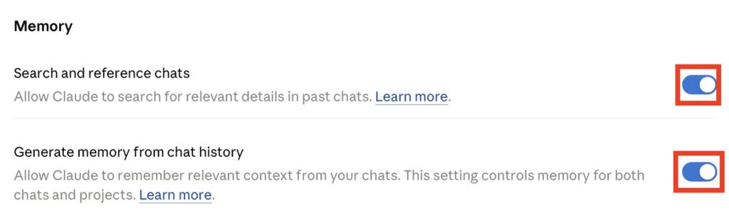 Toggle off Claude memory settings