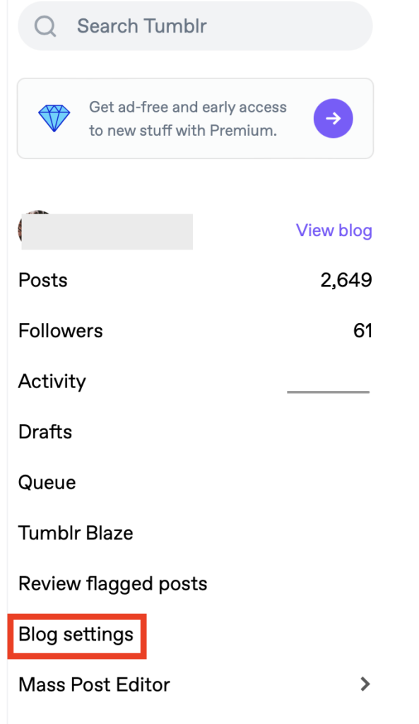 Tumblr "Blog settings" link 