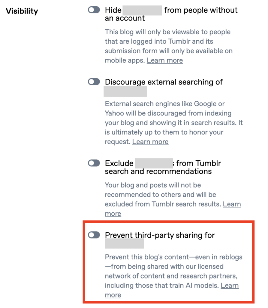 Tumblr "Prevent third-party sharing for..." toggle 