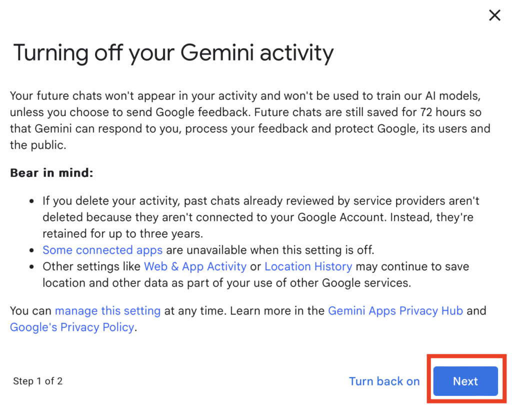 Turning off and deleting your Gemini activity