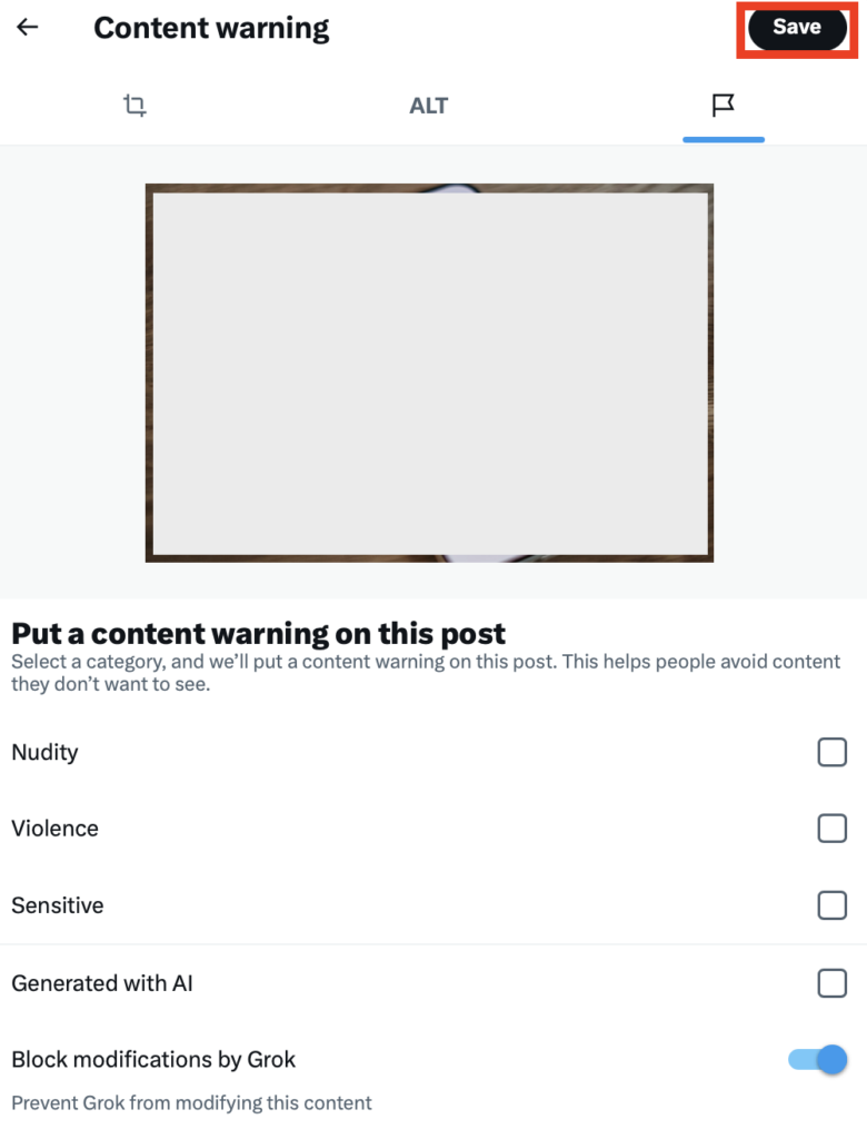 X post "Save" button 
