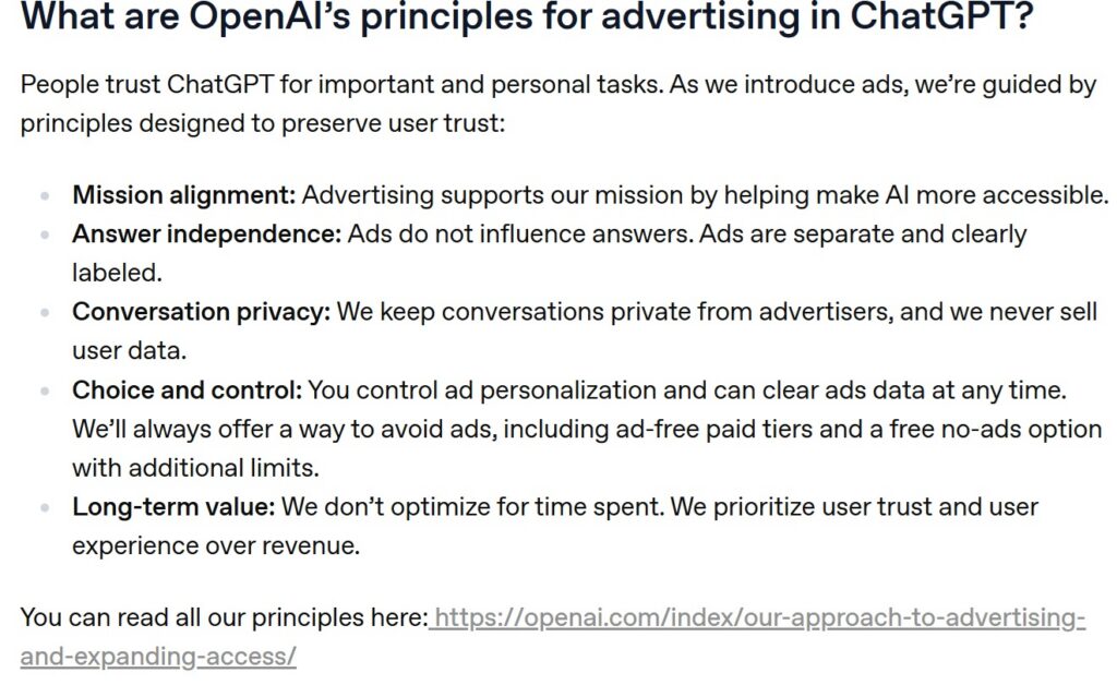 Ads in ChatGPT principles