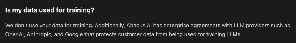 Abacus AI "Is my data used for training?" question and answer 