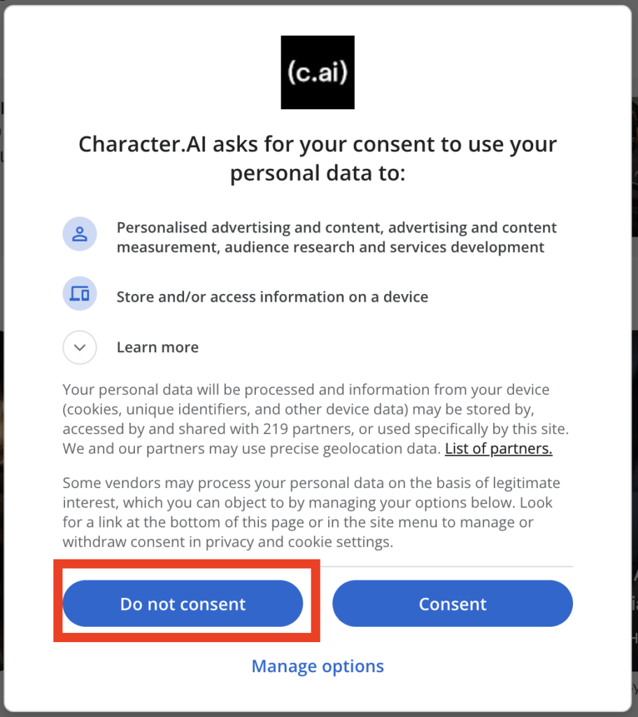 Character AI "Do not consent" for personalised advertising 