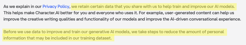 Information about Character AI data training 