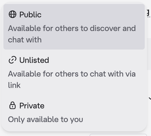 Character AI visibility options 