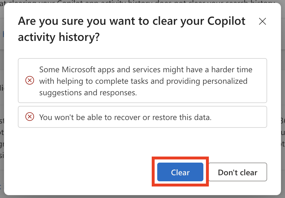 Copilot 'Are you sure you want to clear your Copilot activity history?' pop-up