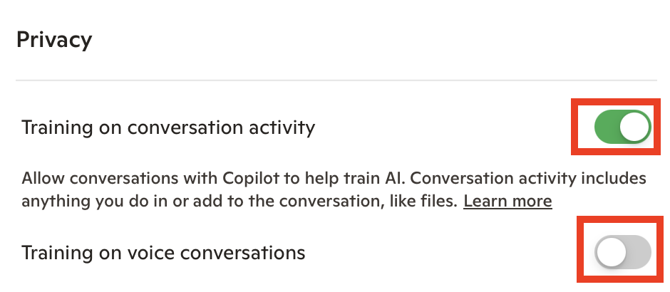 Copilot 'Training on conversation activity' and 'Training on voice conversations' toggles