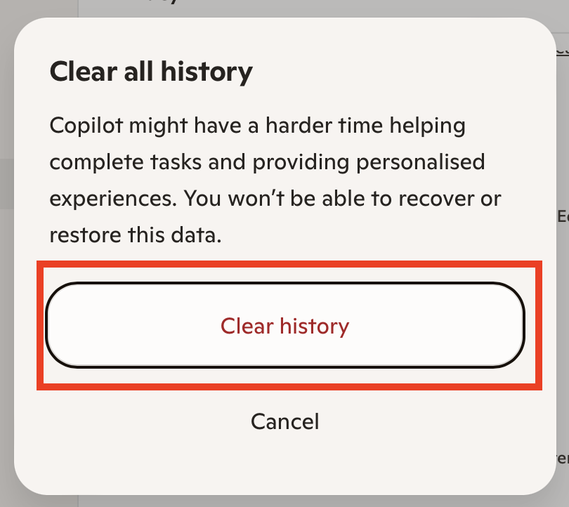 Copilot 'Clear all history' pop-up