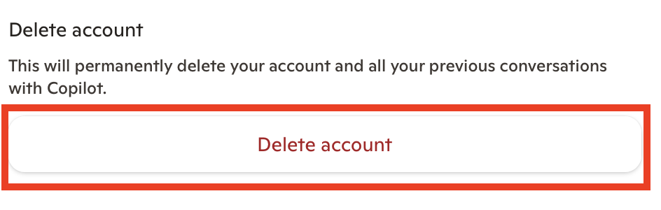 Copilot "Delete account" button