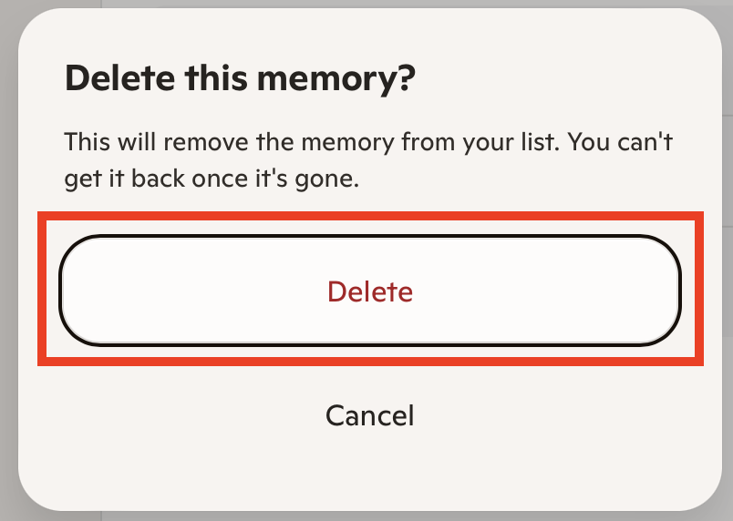 'Delete this memory?' pop-up with "Delete" button
