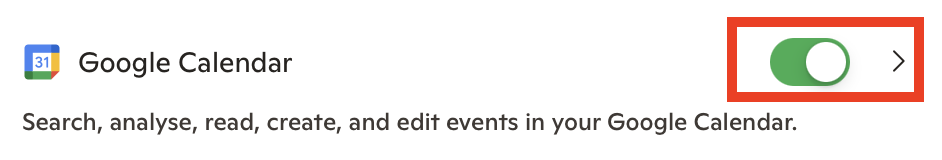 Google Calendar Copilot connector toggled on