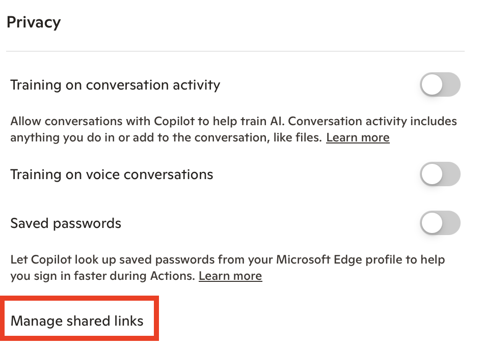 Copilot "Manage shared links"