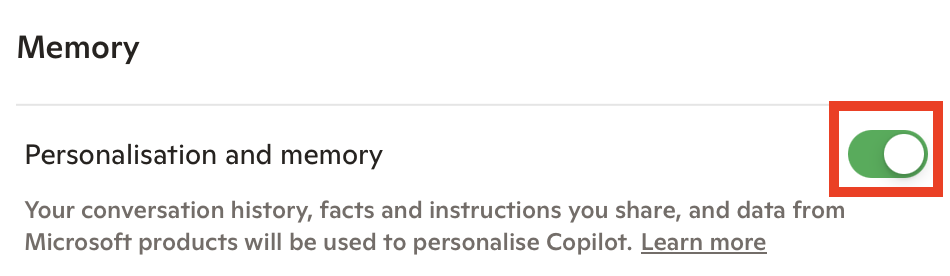 Copilot 'Personalisation and memory" toggle