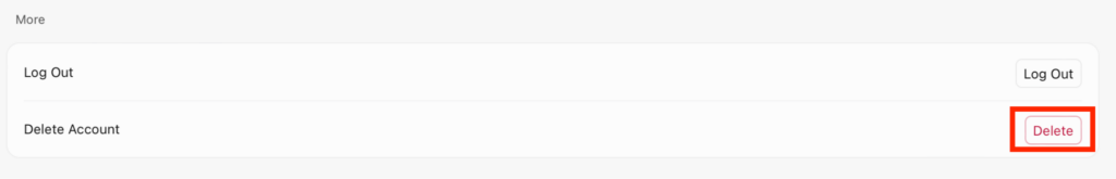 Cursor AI "Delete" button next to 'Delete Account' setting