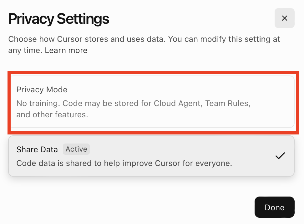 Cursor AI Privacy Settings "Privacy Mode" setting