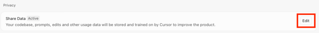Cursor AI "Edit" button next to 'Share Data'