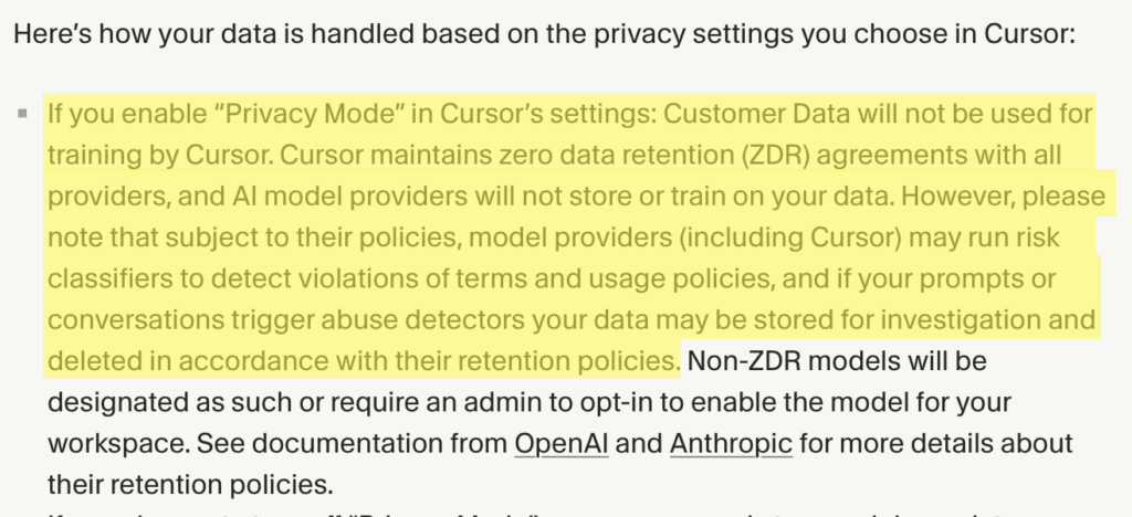 Cursor's data handling practices based on your privacy settings