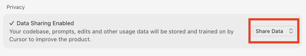 Cursor "Share Data" next to 'Data Sharing Enabled' setting