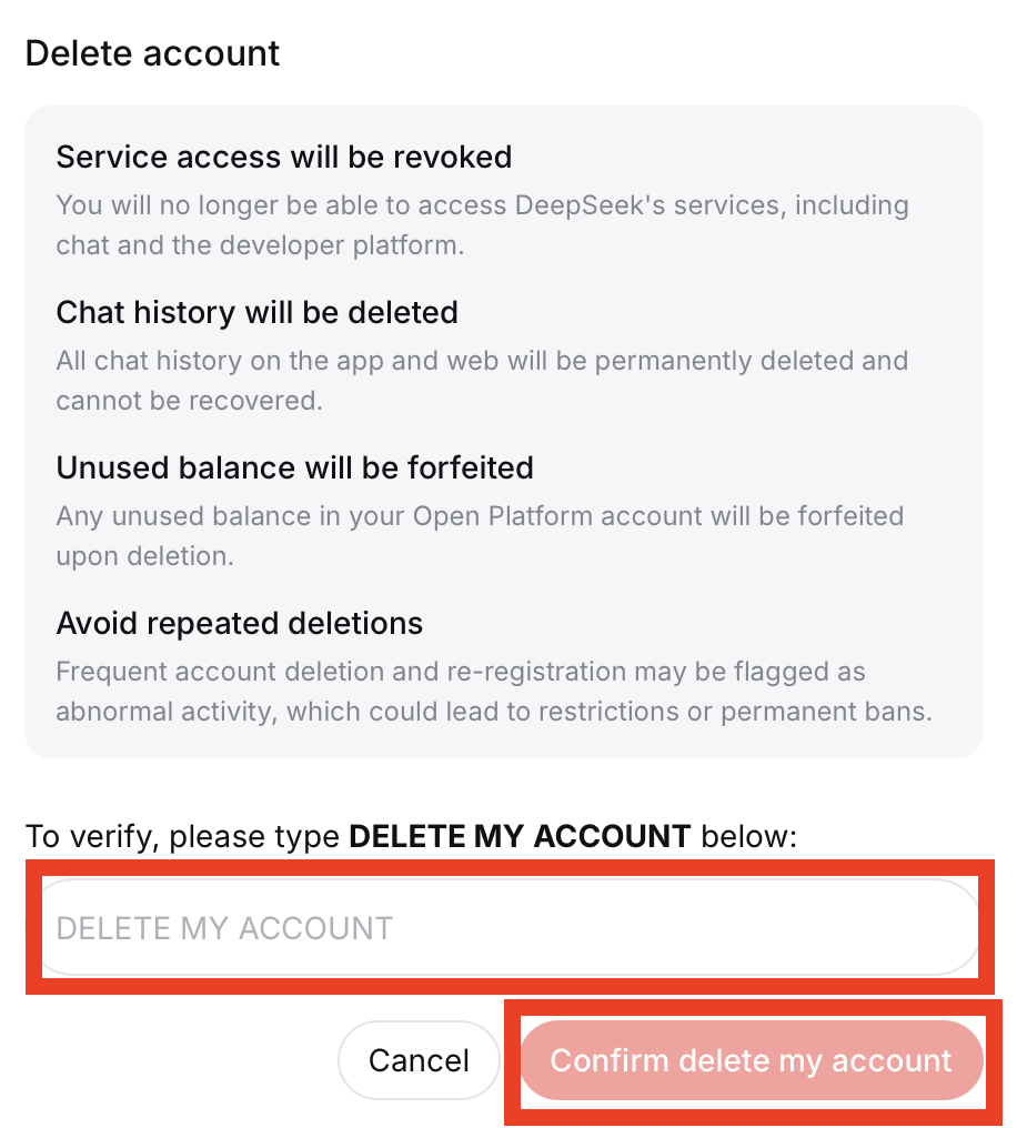DeepSeek account deletion pop-up warning 