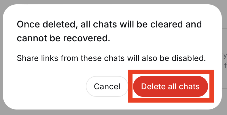 DeepSeek 'Once deleted, all chats will be cleared and cannot be recovered' pop-up 