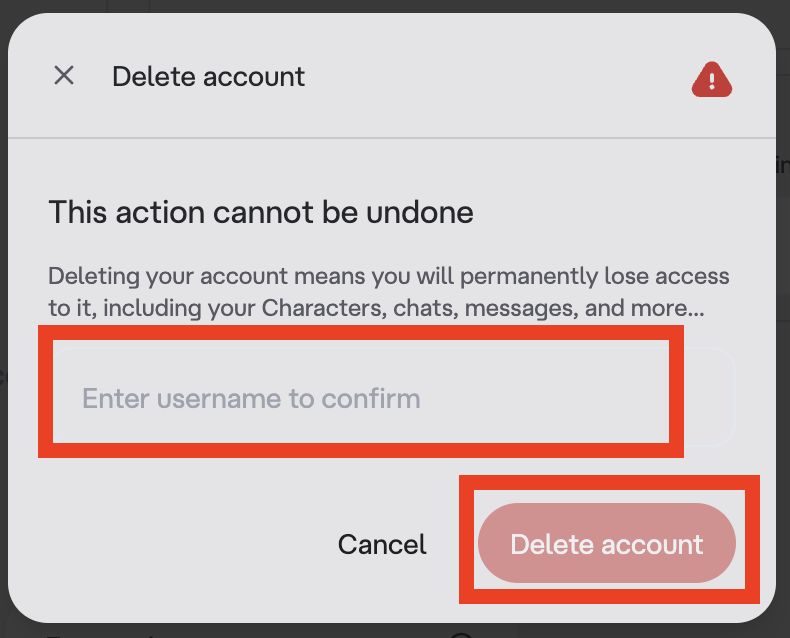 Character AI "Delete account" button 