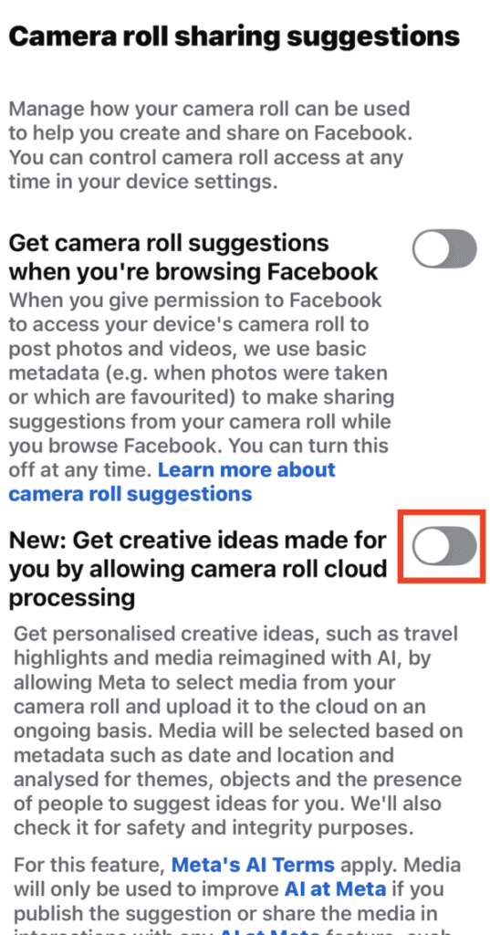 Facebook app toggle next to "New: Get creative ideas made for by allowing camera roll cloud processing" 